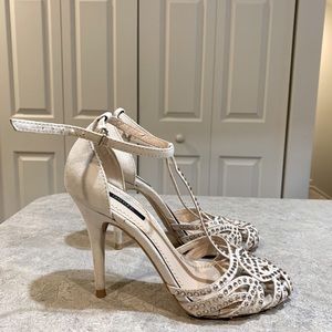 F21 Beige Rhinestone T-Strap heels